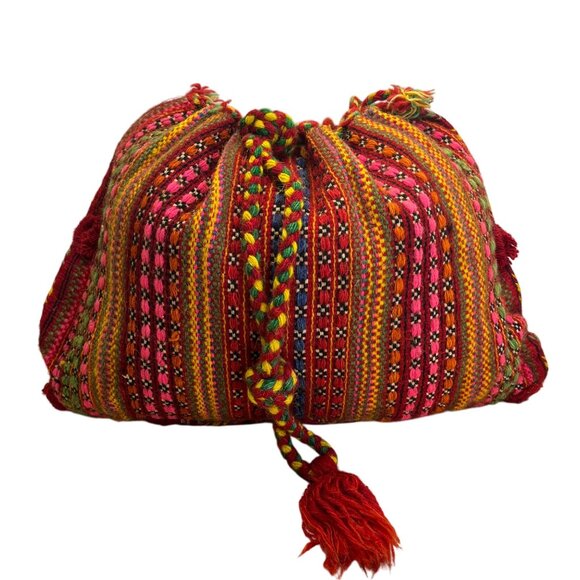 Handmade Knitted Backpack Multicolor Striped With Geometric Pattern Drawstrings - Picture 1 of 9